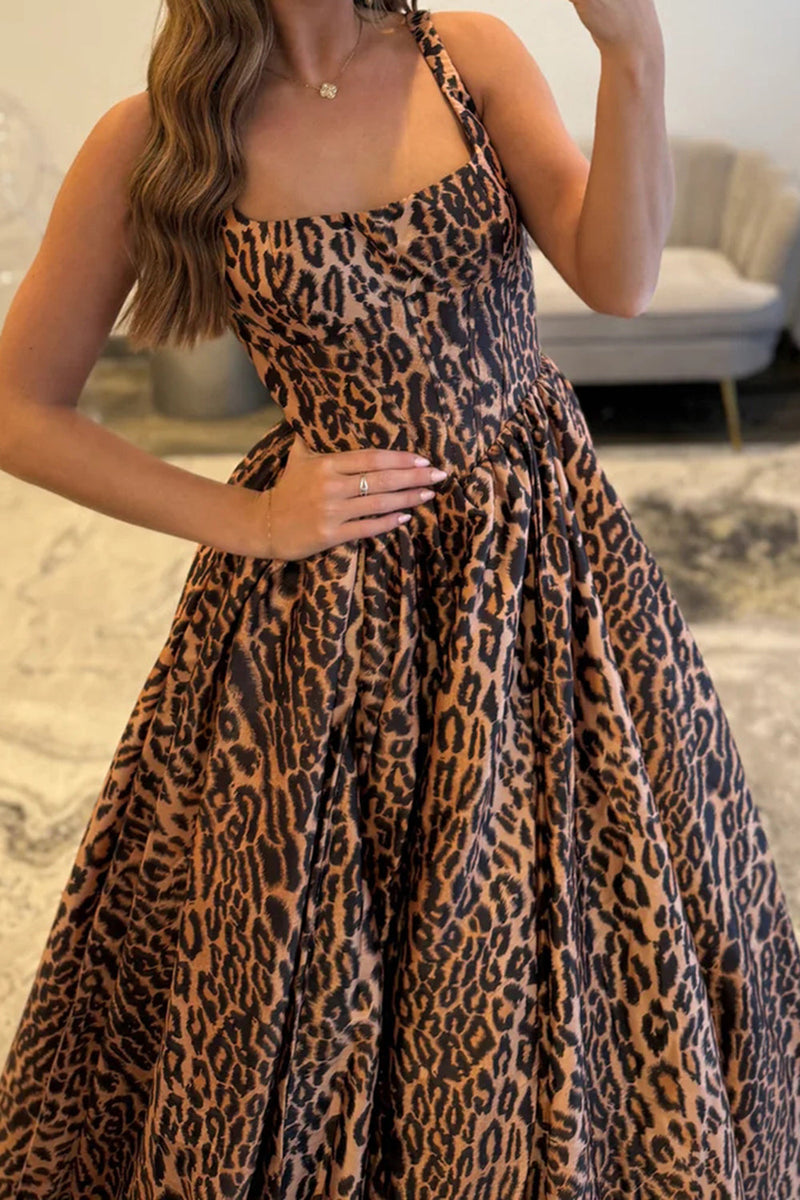 Load image into Gallery viewer, Brown Leopard Square Neck A Line Prom Dress with Slit