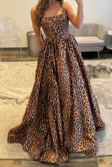 Brown Leopard Square Neck A Line Prom Dress with Slit