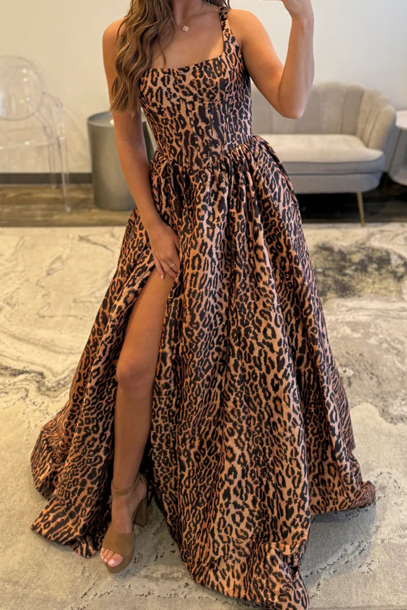 Load image into Gallery viewer, Brown Leopard Square Neck A Line Prom Dress with Slit