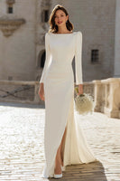Load image into Gallery viewer, Ivory Bateau Neck Bodycon Satin Wedding Dress with Split