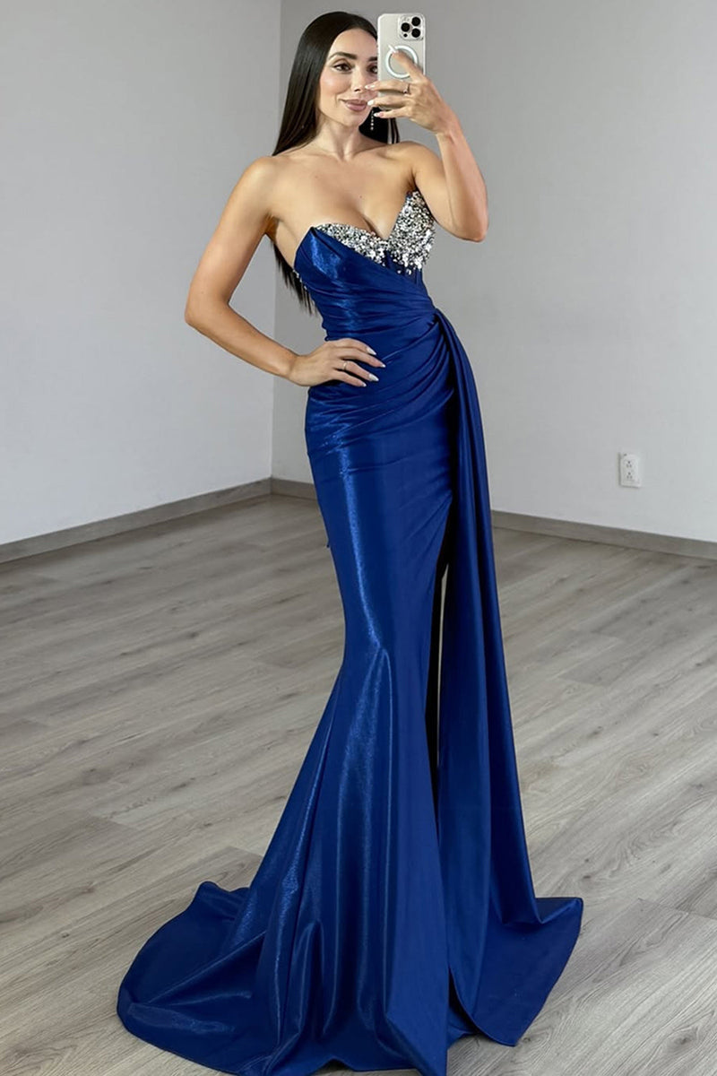 Load image into Gallery viewer, Navy Strapless Mermaid Corset Beaded Long Prom Dress with Slit