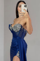 Load image into Gallery viewer, Navy Strapless Mermaid Corset Beaded Long Prom Dress with Slit
