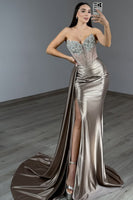 Load image into Gallery viewer, Sparkly Grey Mermaid Beaded Corset Prom Dress with Slit