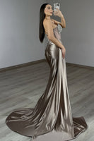 Load image into Gallery viewer, Sparkly Grey Mermaid Beaded Corset Prom Dress with Slit