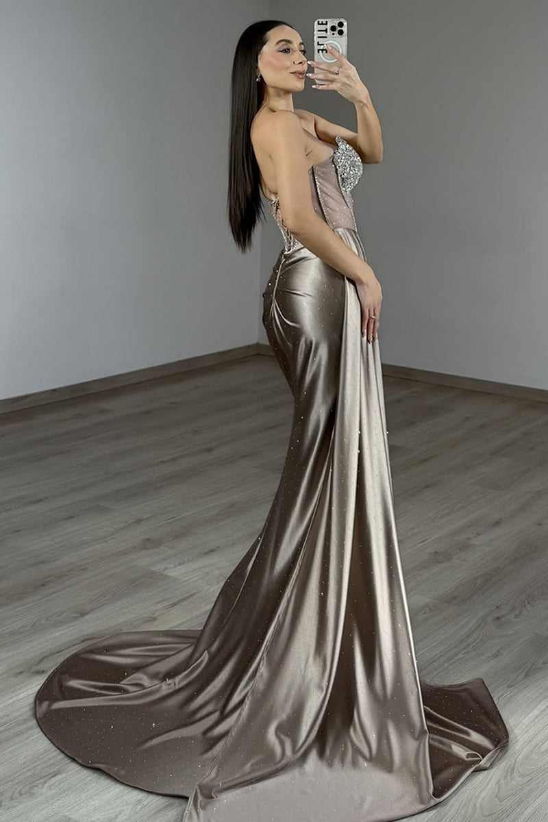 Load image into Gallery viewer, Sparkly Grey Mermaid Beaded Corset Prom Dress with Slit