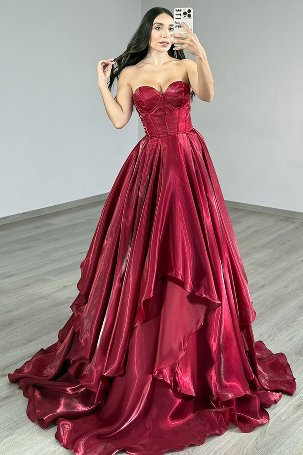 Burgundy Ruffled Strapless A Line Corset Long Prom Dress
