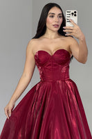 Load image into Gallery viewer, Burgundy Ruffled Strapless A Line Corset Long Prom Dress