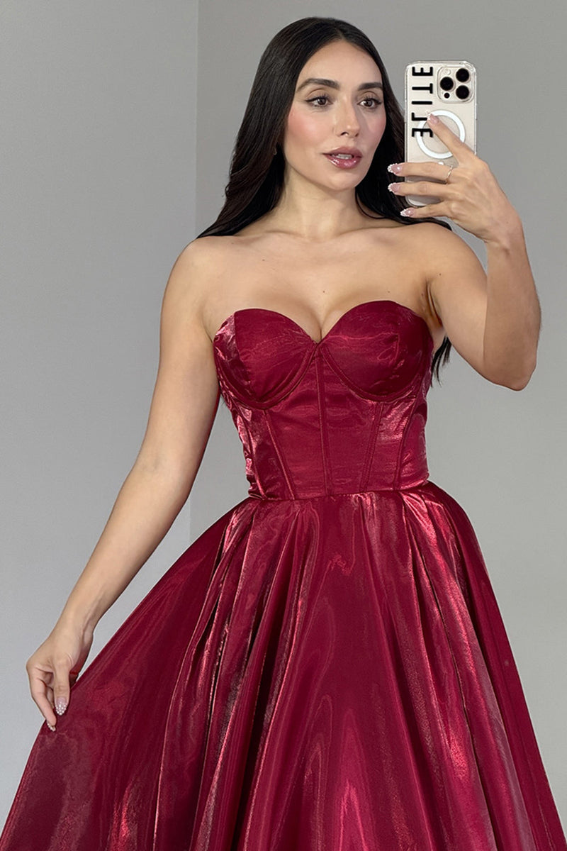 Load image into Gallery viewer, Burgundy Ruffled Strapless A Line Corset Long Prom Dress