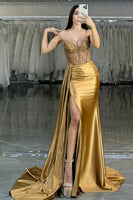 Load image into Gallery viewer, Sparkly Golden Corset Mermaid Long Satin Prom Dress with Slit