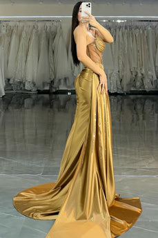 Sparkly Golden Corset Mermaid Long Satin Prom Dress with Slit