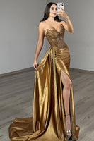 Load image into Gallery viewer, Sparkly Golden Corset Mermaid Long Satin Prom Dress with Slit