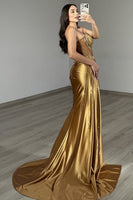 Load image into Gallery viewer, Sparkly Golden Corset Mermaid Long Satin Prom Dress with Slit