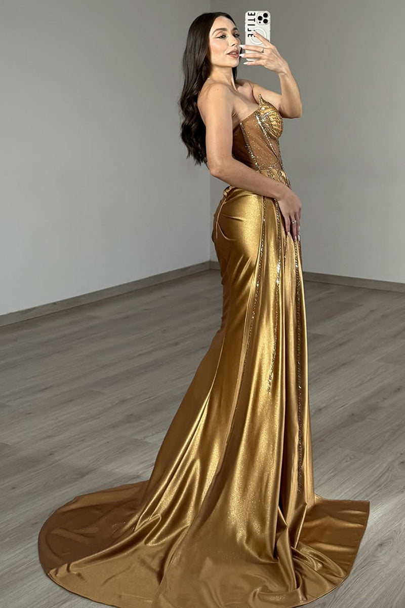Load image into Gallery viewer, Sparkly Golden Corset Mermaid Long Satin Prom Dress with Slit
