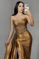 Load image into Gallery viewer, Sparkly Golden Corset Mermaid Long Satin Prom Dress with Slit