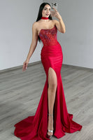 Load image into Gallery viewer, Sparkly Red Strapless Corset Mermaid Long Satin Prom Dress with Slit