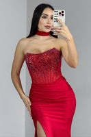 Load image into Gallery viewer, Sparkly Red Strapless Corset Mermaid Long Satin Prom Dress with Slit