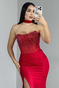 Sparkly Red Strapless Corset Mermaid Long Satin Prom Dress with Slit