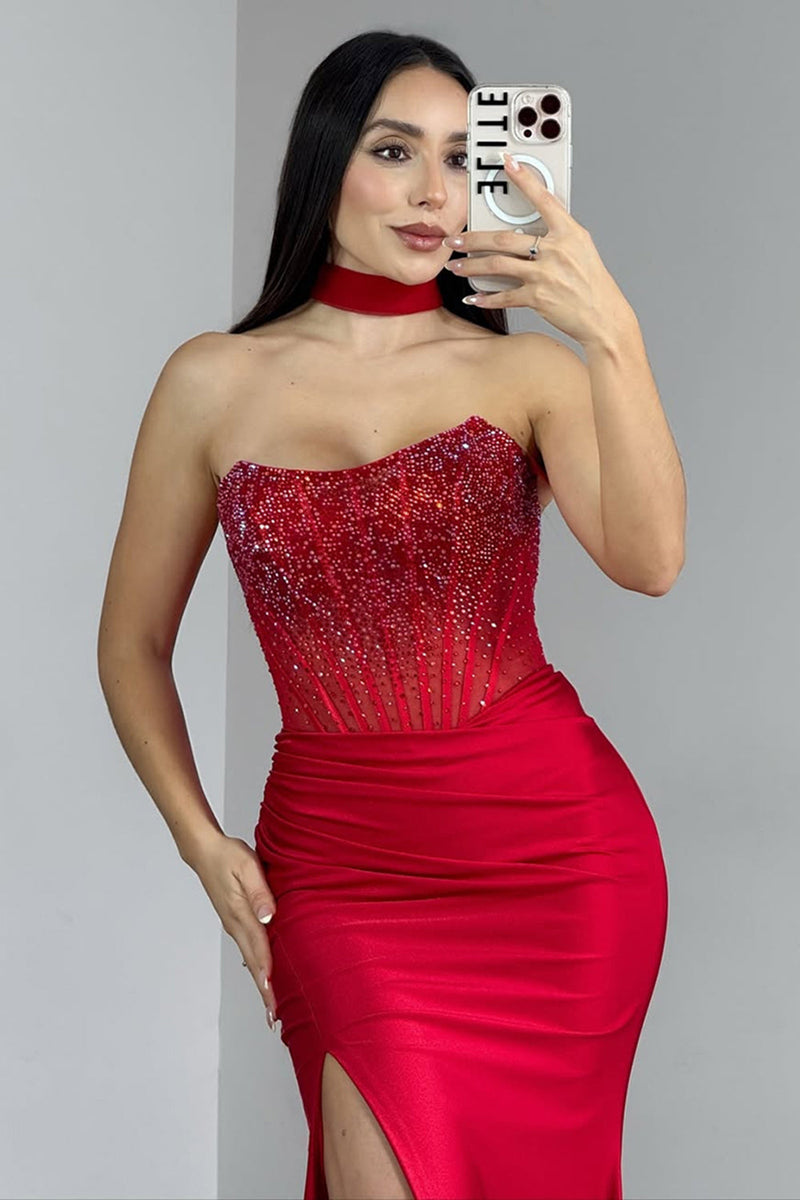 Load image into Gallery viewer, Sparkly Red Strapless Corset Mermaid Long Satin Prom Dress with Slit