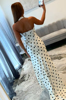 Load image into Gallery viewer, White Black Dot Halter Strapless Sheath Long Prom Dress with Slit