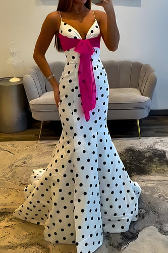 White Black Dot Halter Mermaid Long Prom Dress