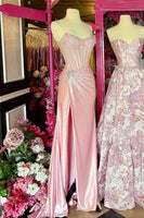 Load image into Gallery viewer, Sparkly Beaded Blush Corset Mermaid Long Prom Dress with Slit