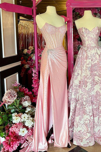 Sparkly Beaded Blush Corset Mermaid Long Prom Dress with Slit