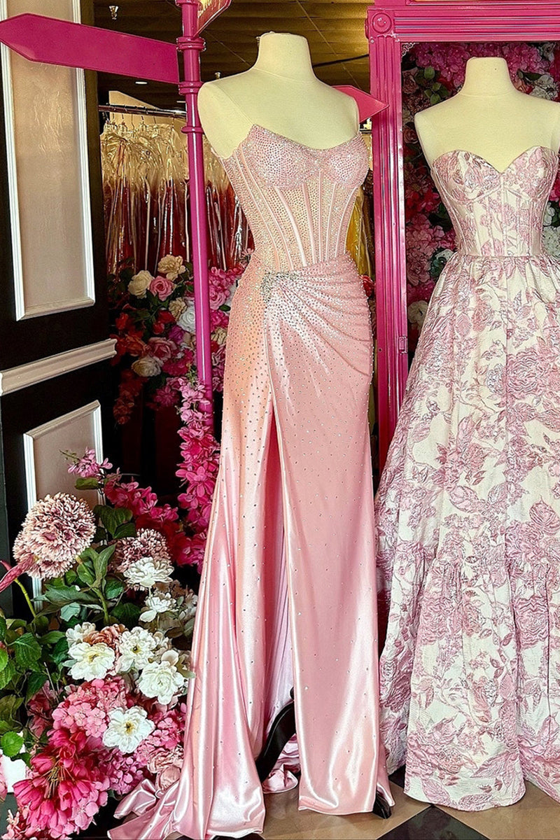 Load image into Gallery viewer, Sparkly Beaded Blush Corset Mermaid Long Prom Dress with Slit