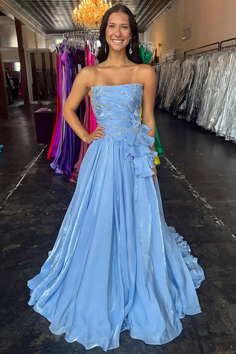 Blue Ruffled A Line Long Prom Dress with Beading
