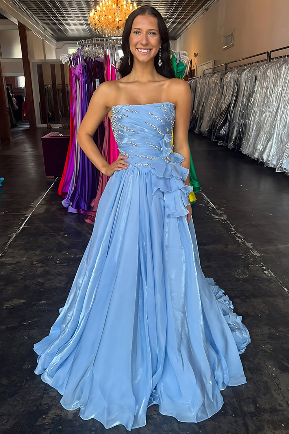 Blue Ruffled A Line Long Prom Dress with Beading