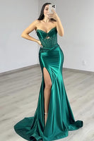 Load image into Gallery viewer, Dark Green Corset Mermaid Long Satin Prom Dress with Slit