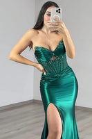 Load image into Gallery viewer, Dark Green Corset Mermaid Long Satin Prom Dress with Slit