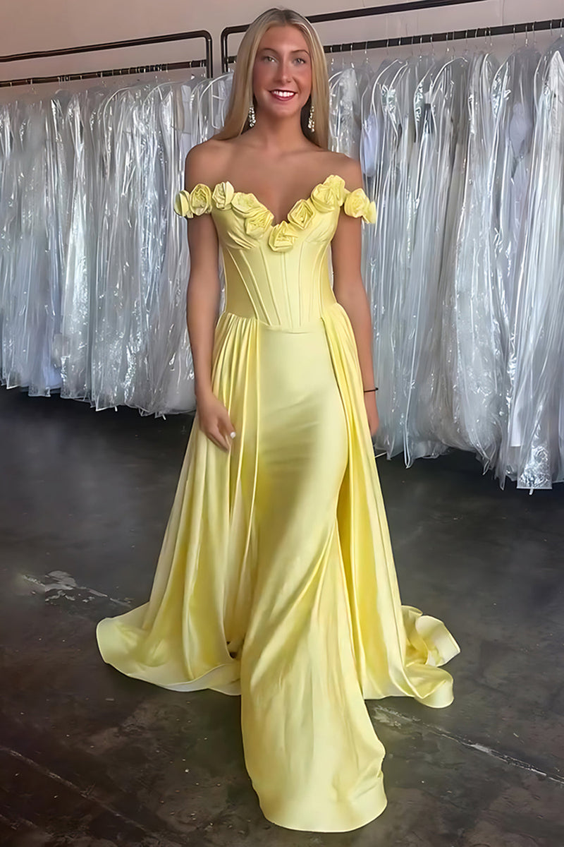 Load image into Gallery viewer, Yellow 3D Flower Corset Mermaid Long Satin Prom Dress