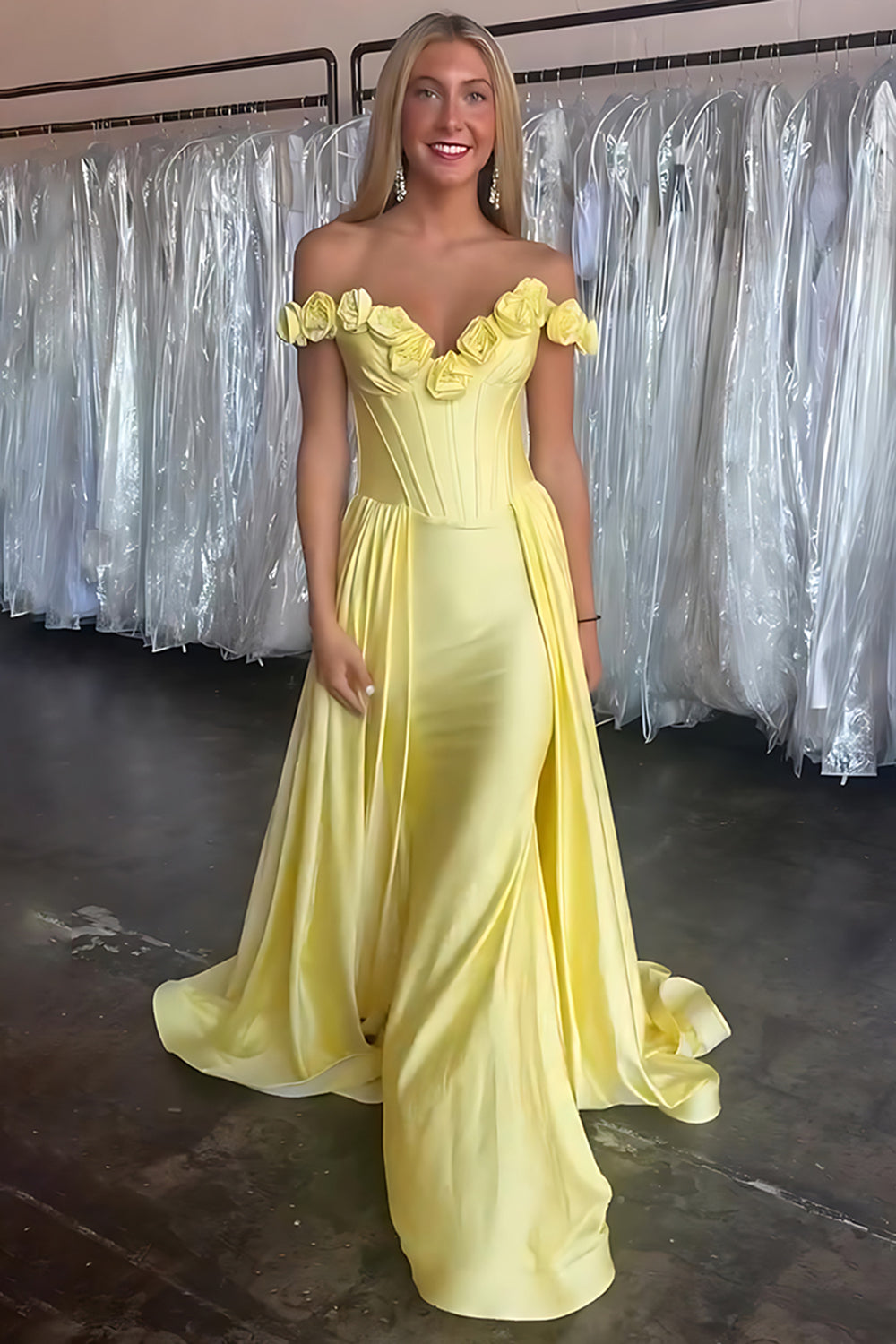 Yellow 3D Flower Corset Mermaid Long Satin Prom Dress