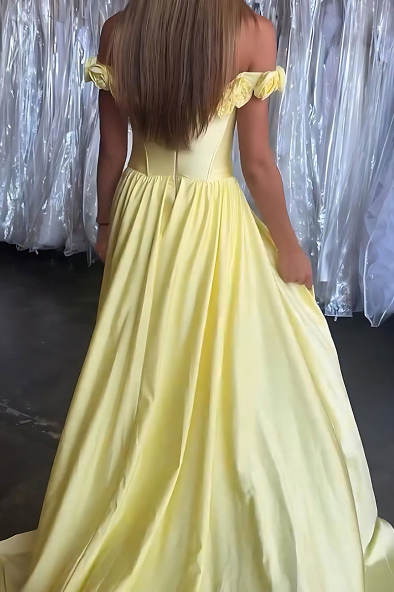 Load image into Gallery viewer, Yellow 3D Flower Corset Mermaid Long Satin Prom Dress