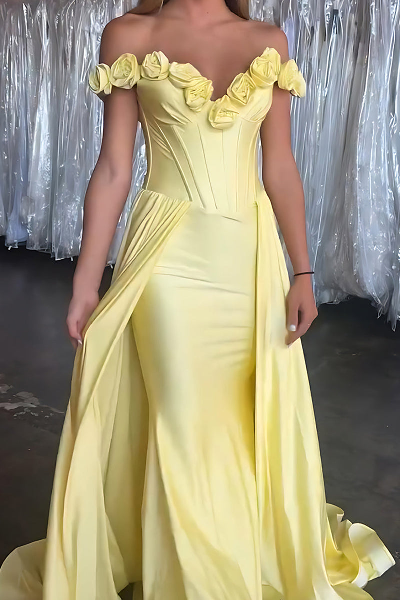 Load image into Gallery viewer, Yellow 3D Flower Corset Mermaid Long Satin Prom Dress
