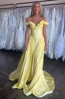Load image into Gallery viewer, Yellow 3D Flower Corset Mermaid Long Satin Prom Dress