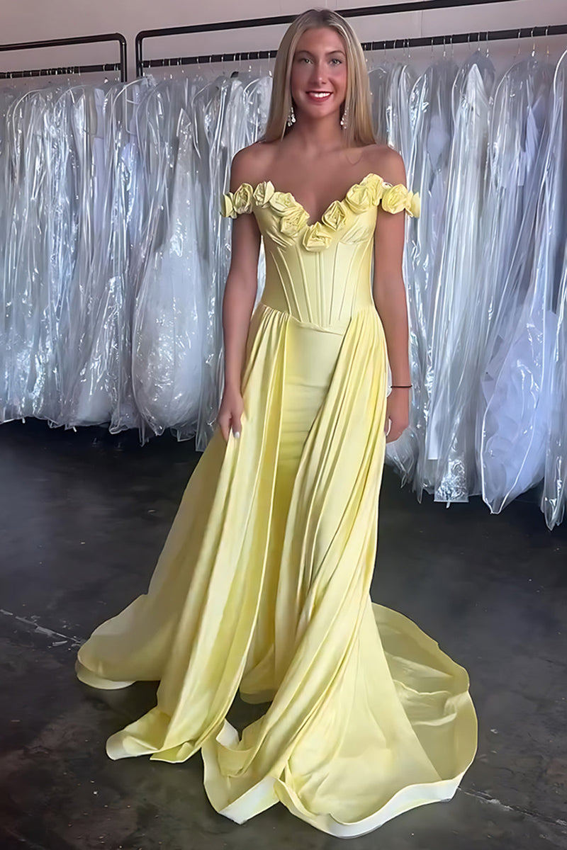 Load image into Gallery viewer, Yellow 3D Flower Corset Mermaid Long Satin Prom Dress