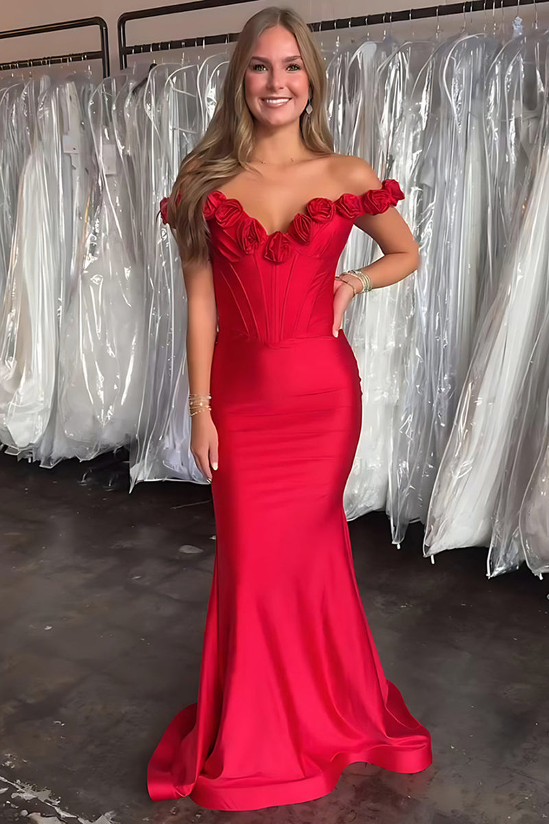 Load image into Gallery viewer, Red 3D Flower Off the Shoulder Mermaid Long Satin Prom Dress
