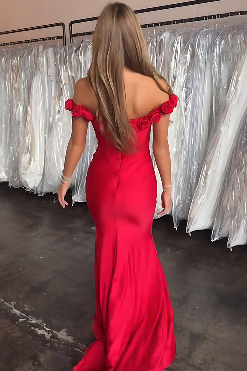 Load image into Gallery viewer, Red 3D Flower Off the Shoulder Mermaid Long Satin Prom Dress