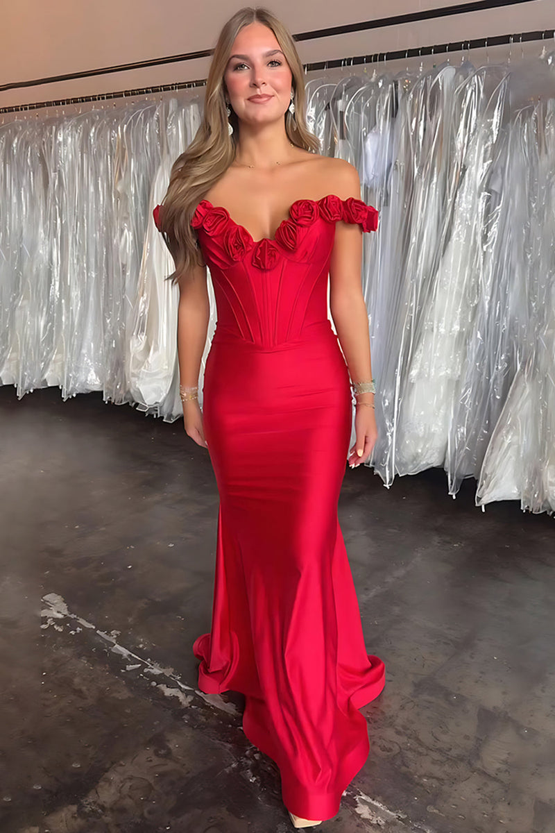 Load image into Gallery viewer, Red 3D Flower Off the Shoulder Mermaid Long Satin Prom Dress