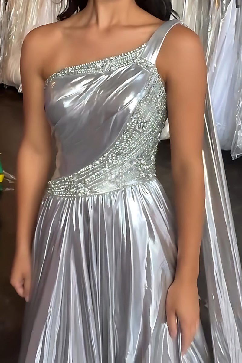 Load image into Gallery viewer, Sparkly Sliver One Shoulder A Line Long Prom Dress with Beading