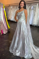 Load image into Gallery viewer, Sparkly Sliver One Shoulder A Line Long Prom Dress with Beading