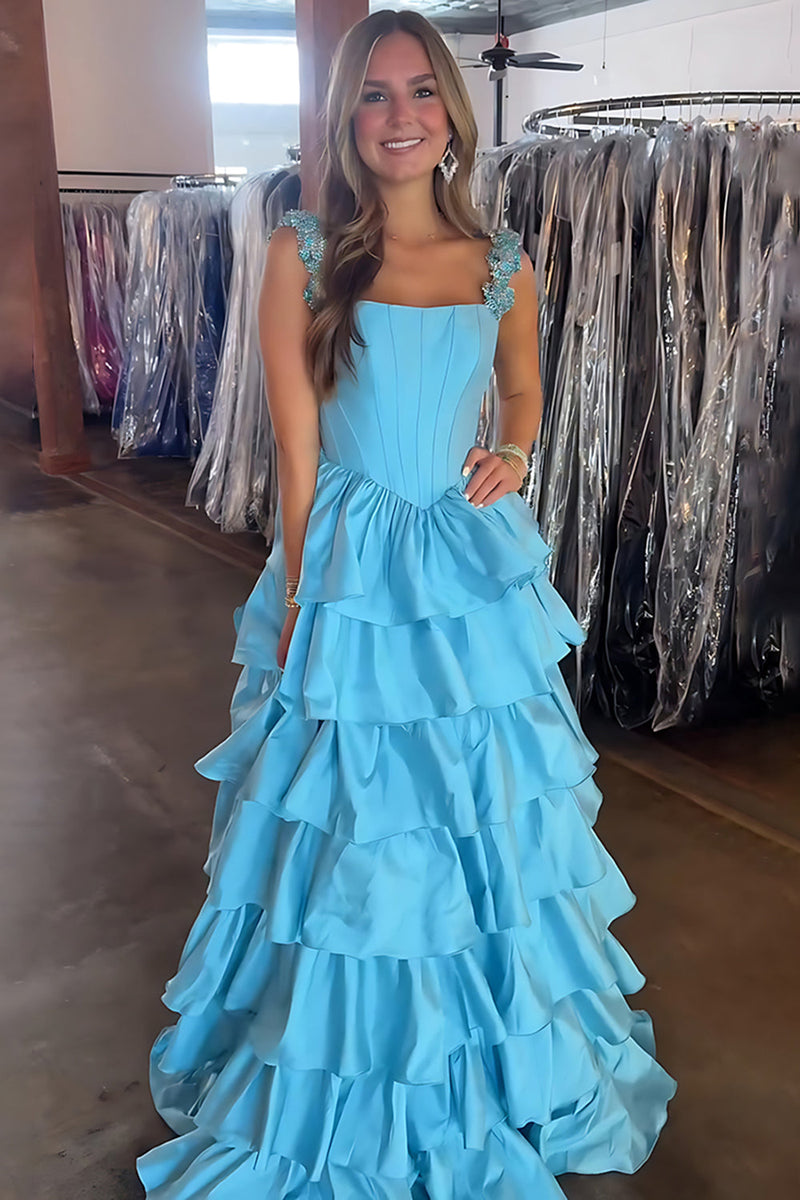 Load image into Gallery viewer, Blue Tiered Corset A Line Long Prom Dress with Ruffles