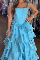 Load image into Gallery viewer, Blue Tiered Corset A Line Long Prom Dress with Ruffles