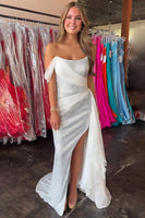 Load image into Gallery viewer, Sparkly White Sequins Off the Shoulder Sheath Long Prom Dress with Slit