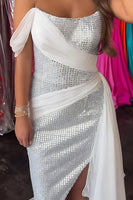 Load image into Gallery viewer, Sparkly White Sequins Off the Shoulder Sheath Long Prom Dress with Slit
