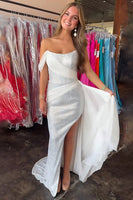 Load image into Gallery viewer, Sparkly White Sequins Off the Shoulder Sheath Long Prom Dress with Slit