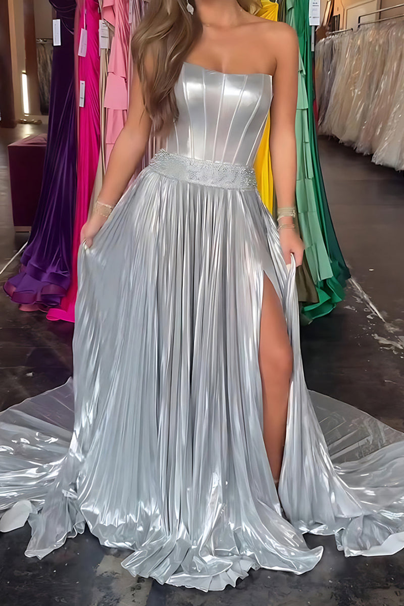 Load image into Gallery viewer, Sparkly Sliver Strapless A Line Corset Long Prom Dress with Slit