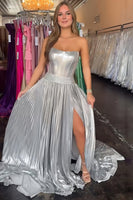 Load image into Gallery viewer, Sparkly Sliver Strapless A Line Corset Long Prom Dress with Slit