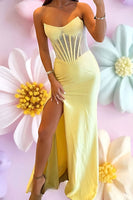 Load image into Gallery viewer, Yellow Strapless Corset Mermaid Beaded Long Prom Dress with Slit